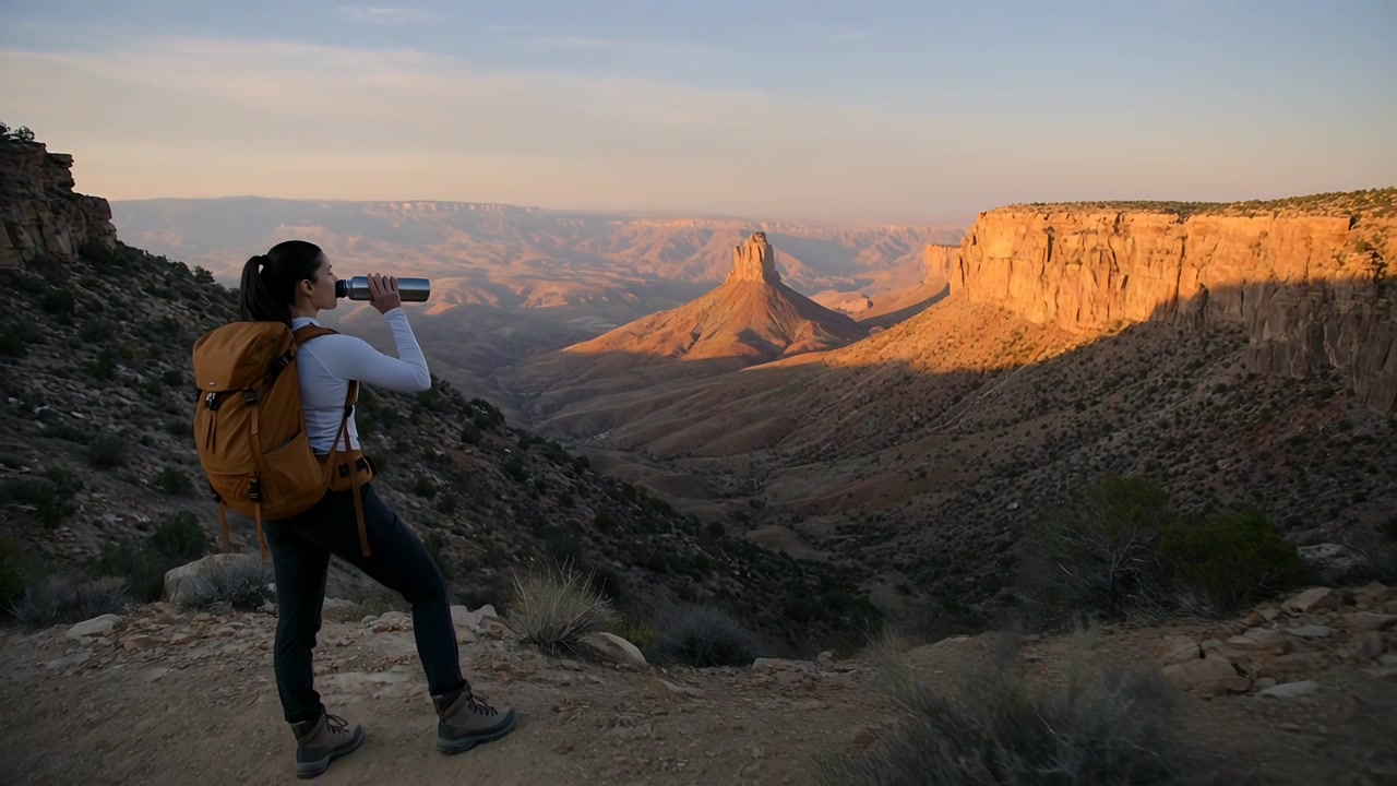 Pausing left trail, hiker with orange backpack sipping water bottle and viewing canyon, copy space
