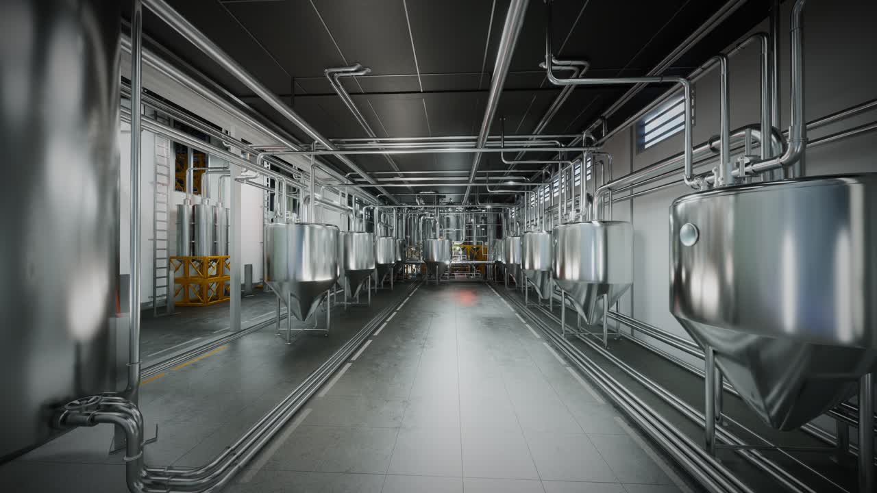 Store gæringstanke i stål i rummelig hal på moderne alkoholproduktionsfabrik.