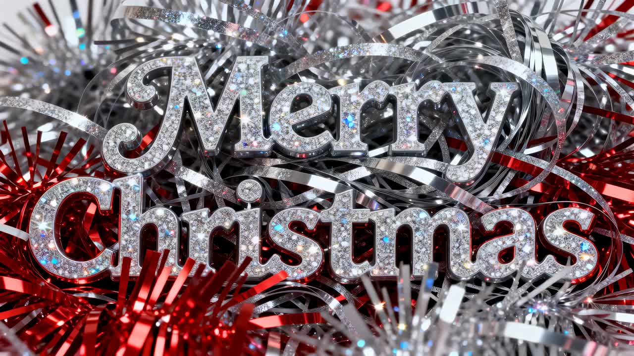 Zooming camera bringing glittered Merry Christmas sign closer on white tabletop, revealing sparkle