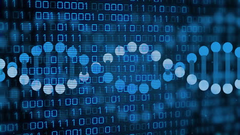 animation of dna strand over data processing on black background