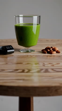 green smoothie and almonds on a wooden table