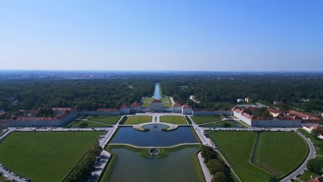 Marvelous-aerial-top-view-flight-Castle-Nymphenburg-Palace-landscape-City-town-Munich-Germany-Bavarian,-summer-sunny-blue-sky-day-23