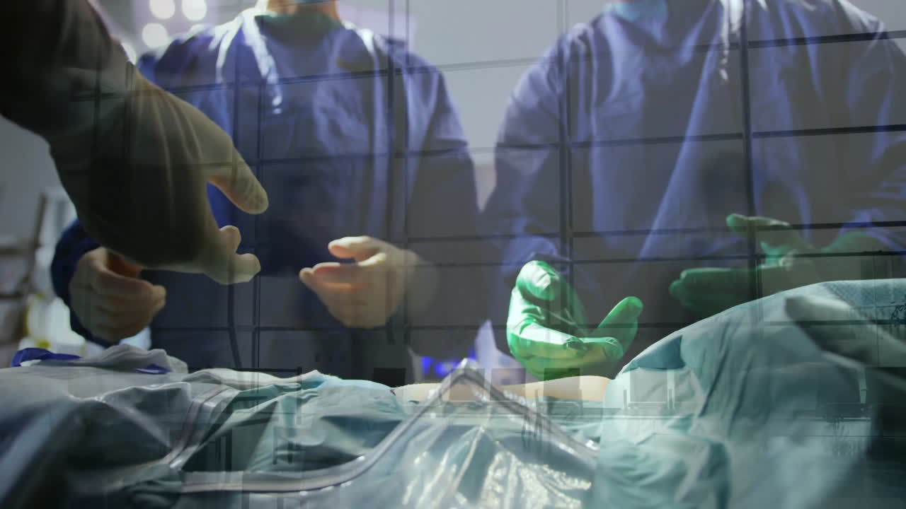 Medical team performing surgery over grid animation