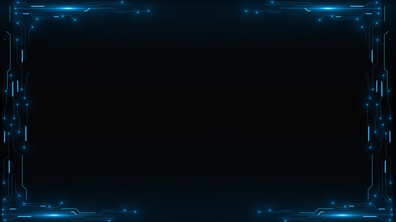 Blue futuristic circuit frame with glowing corner lines dark empty center and sleek technology