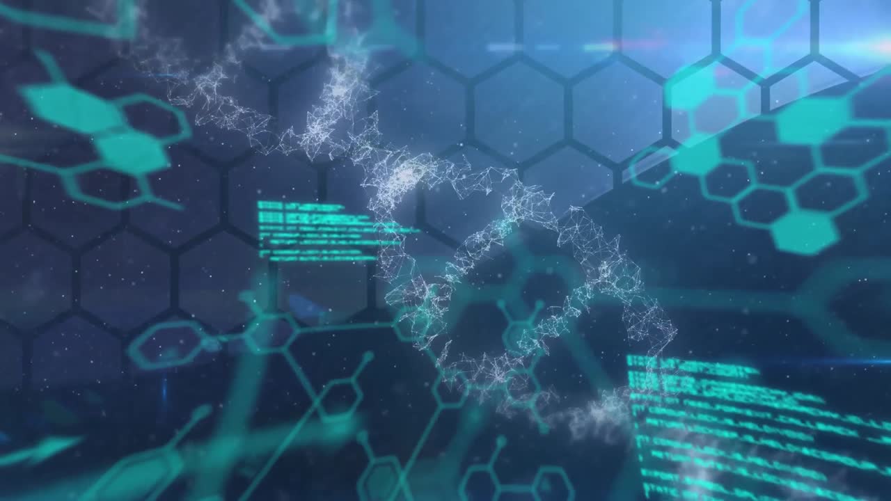 animación de información azul y datos que se mueven sobre la cepa de adn hecha de conexiones