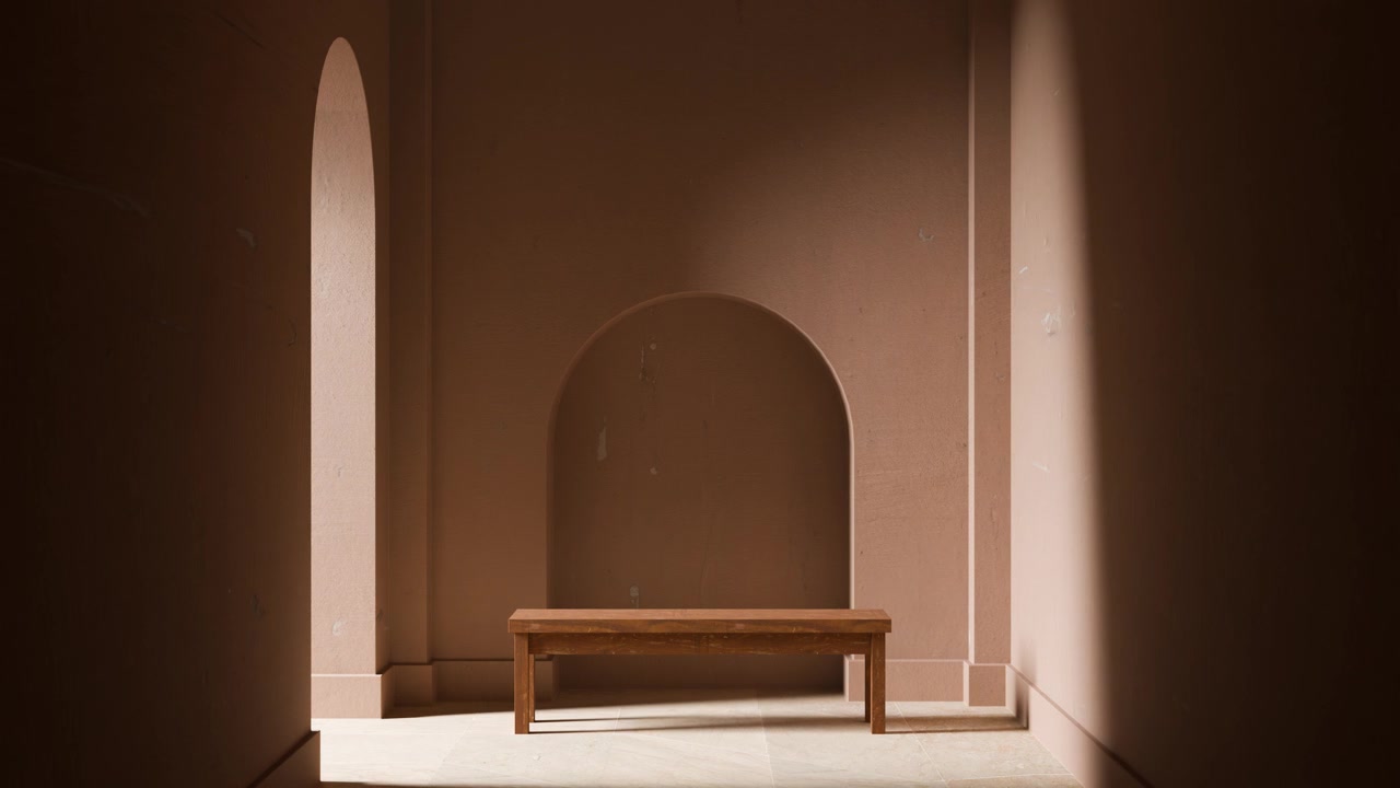 Panca di legno vuota in un interno architettonico minimalista con nicchie ad arco