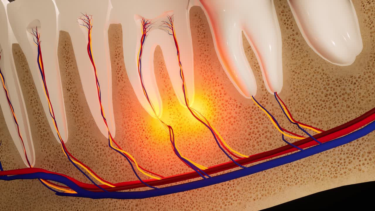 치아 통증: 치아의 해부학적 상세한 부분, 신경 염증, 3d 애니메이션