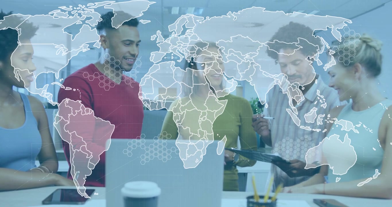 Team walking into office opening devices initiating transparent map reviewing global business data