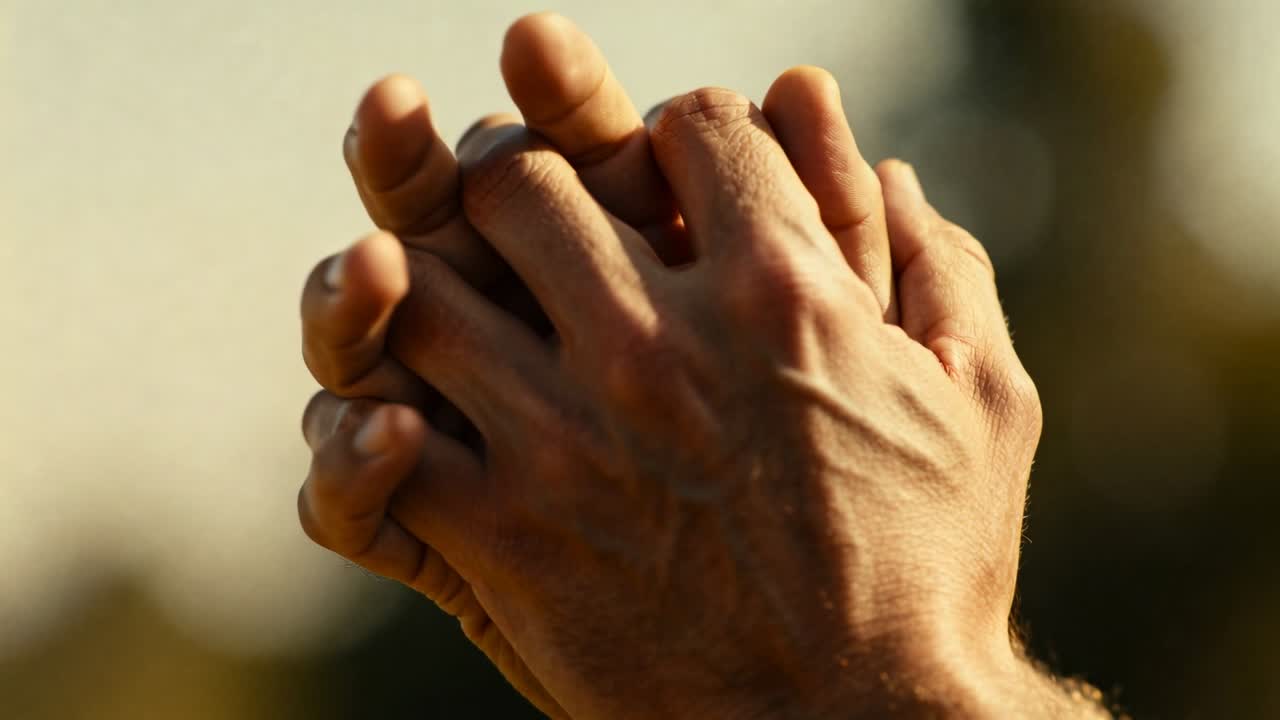 Vídeo vertical: Pontas dos dedos se aproximando, mãos masculinas se unindo em parque, entrelaçando os dedos firmemente.
