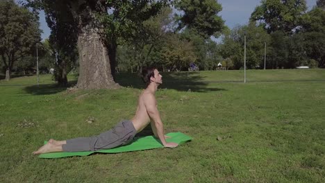 increíble toma de apertura en órbita del instructor de yoga estirándose en la alfombra en la naturaleza