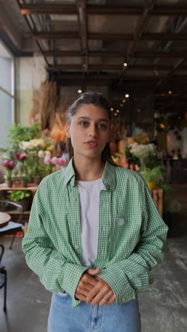 mujer joven en una tienda de flores
