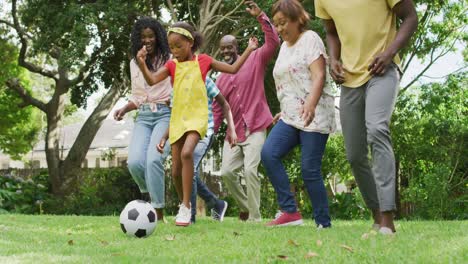 animación de una feliz familia afroamericana jugando al fútbol en el jardín