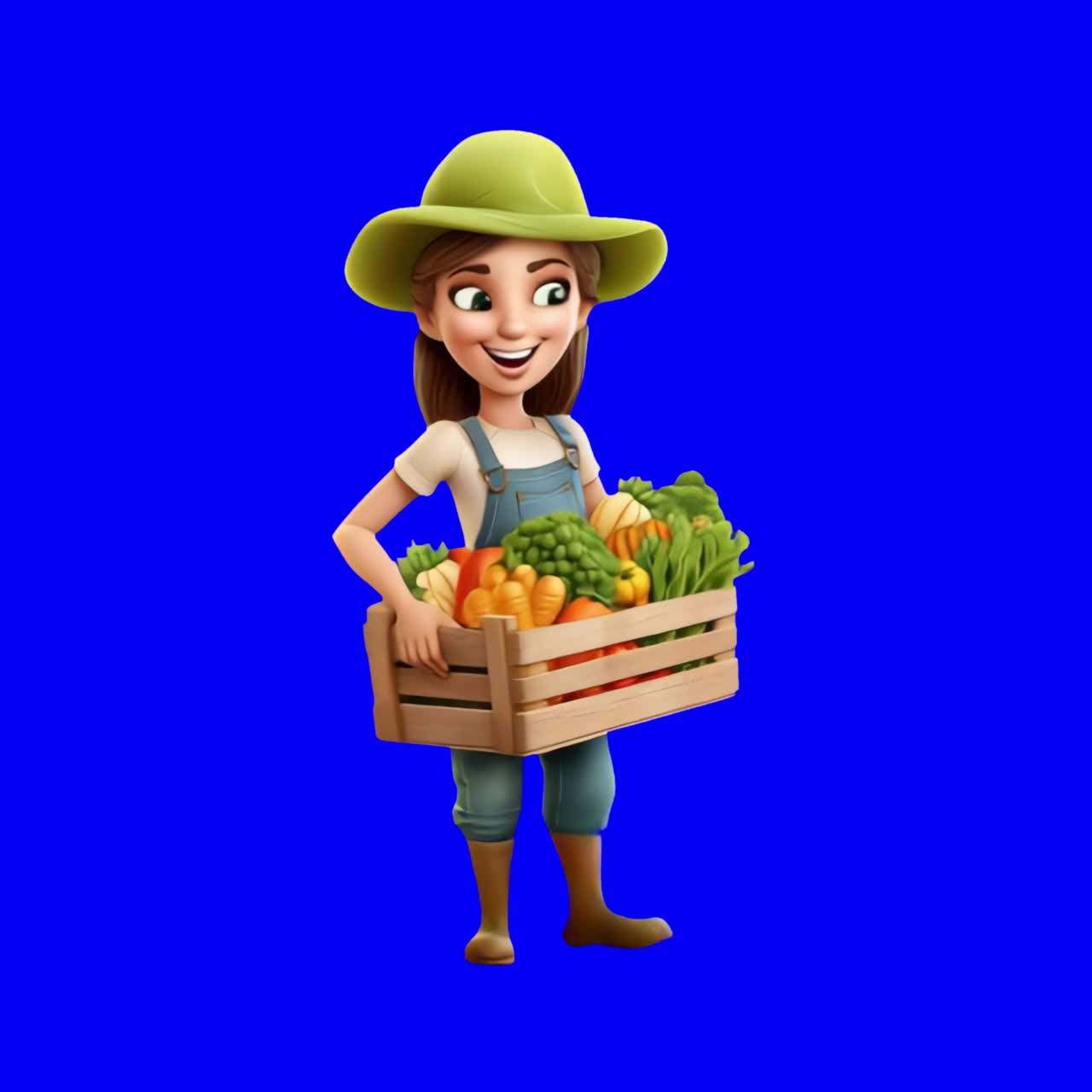 Animação de fazendeiro sorridente carregando vegetais, vídeo 4K transparente, tela verde