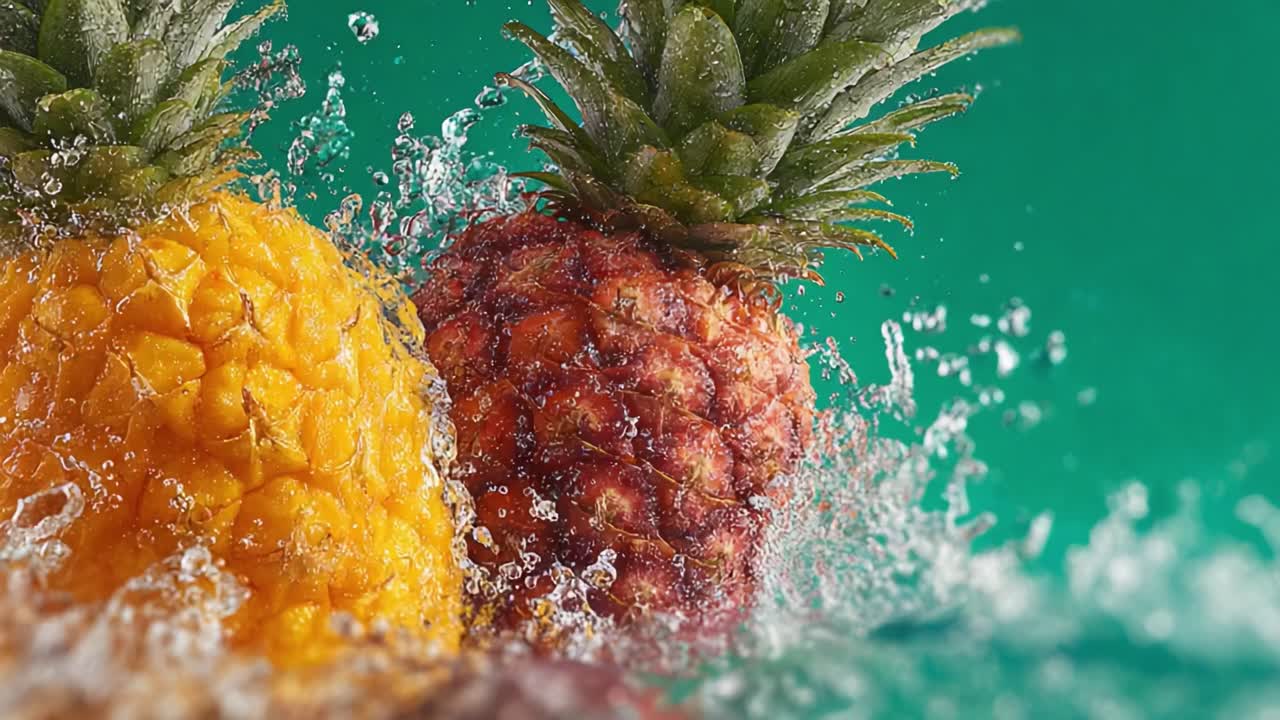 Vibrant Pineapples Splashing in Water Against a Colorful Background: A Refreshing and Tropical Visual Experience Capturing the Essence of Summer