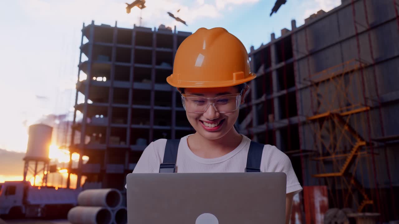 close up de una trabajadora asiática que usa gafas de protección y casco de seguridad usando una computadora portátil y sonriendo mientras está de pie en el sitio de construcción