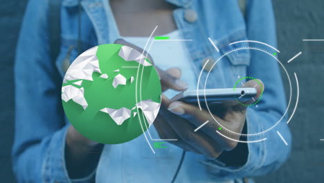 person using smartphone with digital globe and target animation overlay