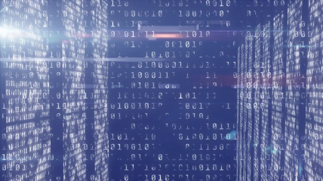 Opening 3D tunnel streaming binary code sweeping streaks advancing pulsing flare driving data flow