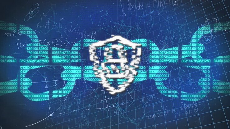 Animation of padlock, chain and data processing over grid