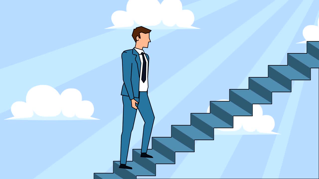 personaje de dibujos animados hombre de negocios plana sube la escalera de la carrera escaleras de animación