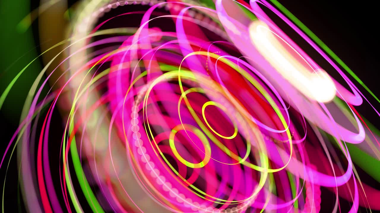 빛의 흐름: 4k에서 추상적인 루프 배경, 빛의 흔적, 공간에서 녹색, 빨간색, 노란색, 네온 선의 흐름은 반지 모양을 형성하기 위해 움직입니다.