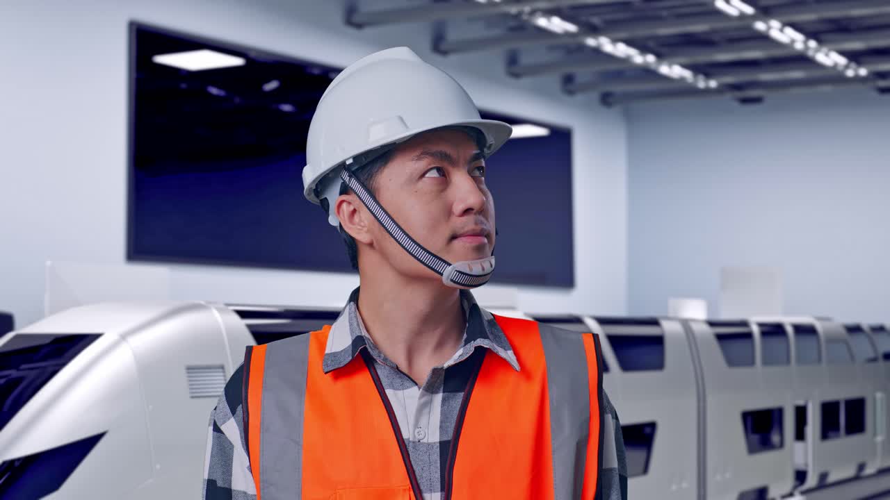 Primer plano de un ingeniero asiático con casco de seguridad mirando a su alrededor de pie, tren futurista de alta velocidad en unas modernas instalaciones de prueba
