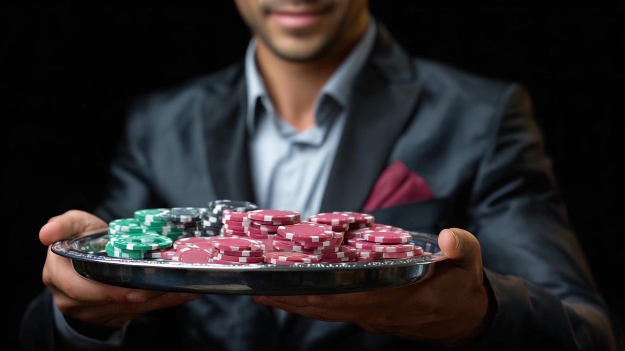 En elegant dealer viser frem en imponerende samling fargerike pokerchips, klar til å engasjere spillere i et spennende spill med sjanse og strategi ved bordet.