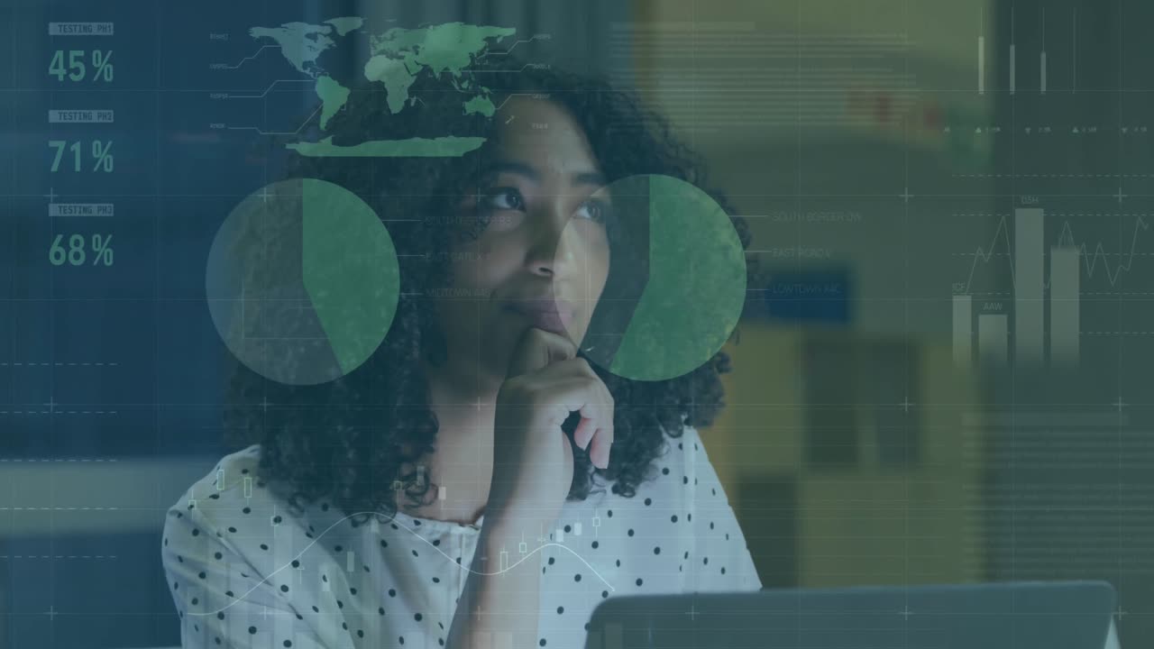 Animation of statistical data processing on thoughtful african amercan woman using laptop at office