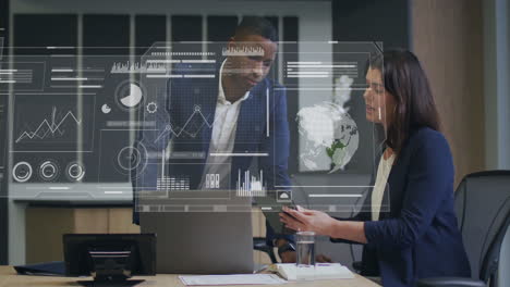 animation of digital data processing over diverse business people in office