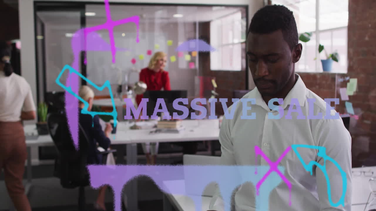 Businessman using smartphone with Massive Sale text animation over office scene