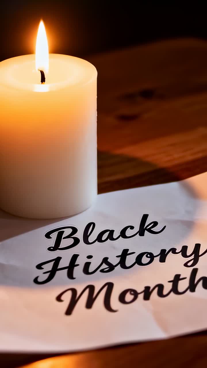 Video verticale: luce tremolante di una candela che illumina un foglio piegato che celebra il Black History Month su un tavolo poco illuminato