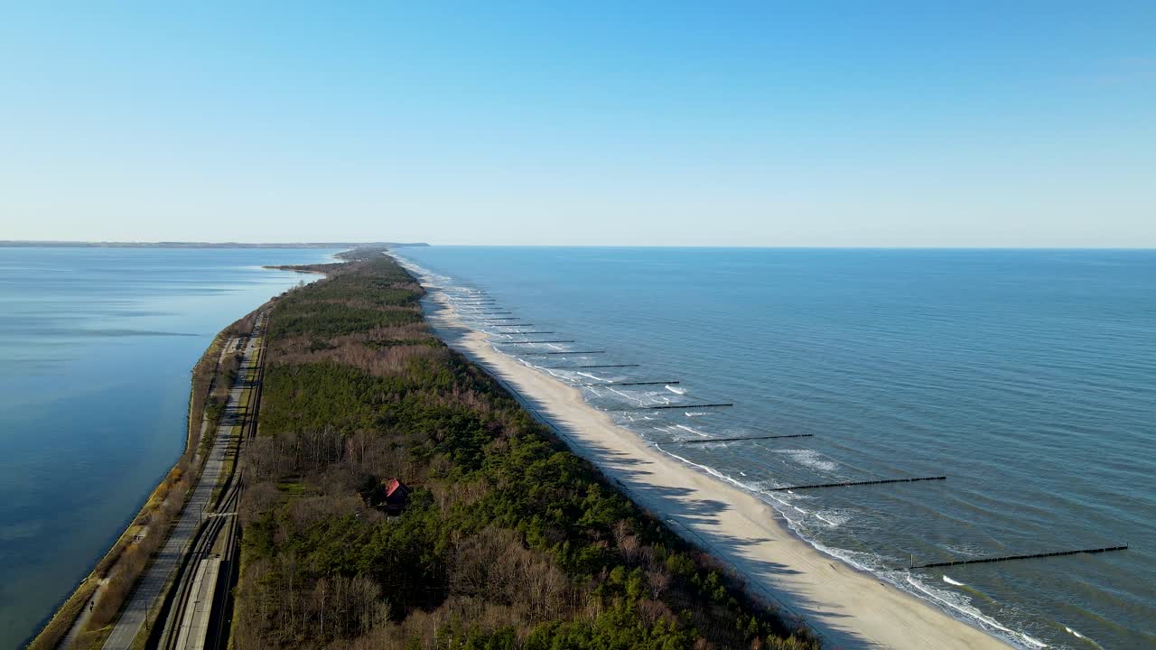 Foresta lussureggiante e paesaggio di spiaggia tranquilla a Kuźnica, Polonia - ripresa aerea.
