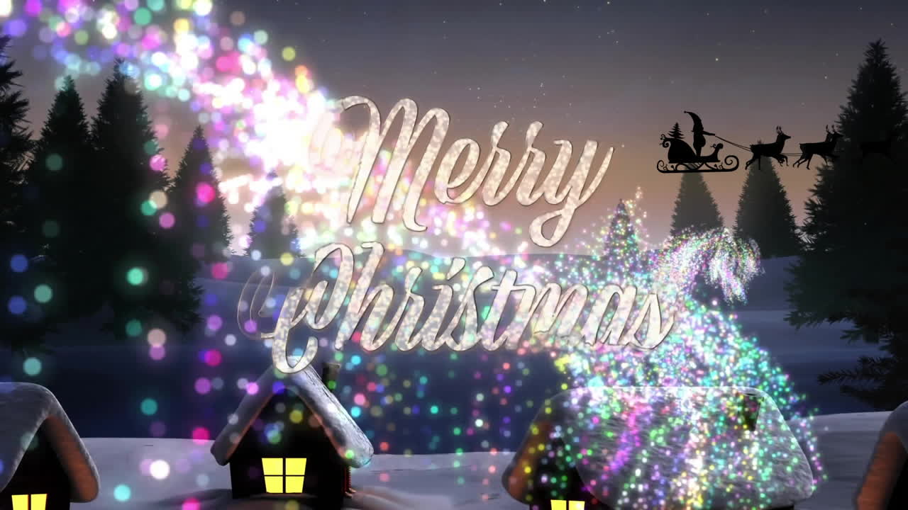 Merry Christmas text animation over snowy village with Santa sleigh and reindeer