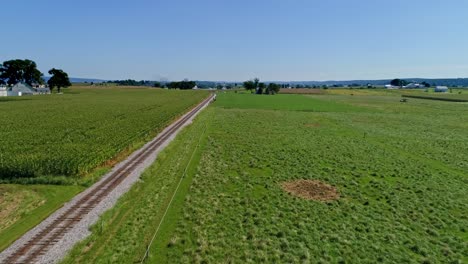 an aerial view of rich farmlands and corn fields along a single railroad track on a cloudless summer day