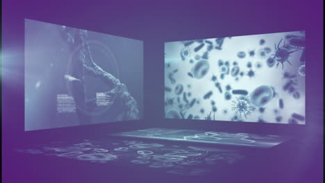 Animation of viruses infected blood cells, dna helix, computer language against abstract background