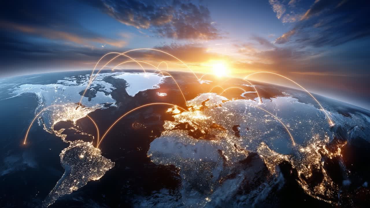 A Stunning View of Earth from Space: The Dynamic Connectivity of Continents Illuminated by Network Lines at Sunrise