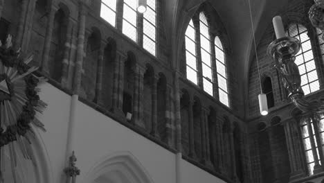 low angle shot of interior inside the protestant christian church of our lady in the city of bruges, belgium