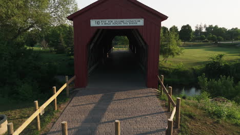 inside the wooden red covered bridge in zumbrota, goodhue county, minnesota, united states