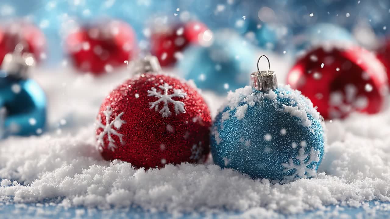 Vibrant Christmas Ornaments Surrounded by Soft Snowflakes, Creating a Festive Winter Wonderland Atmosphere, Perfect for Holiday Celebrations and Decor Inspiration