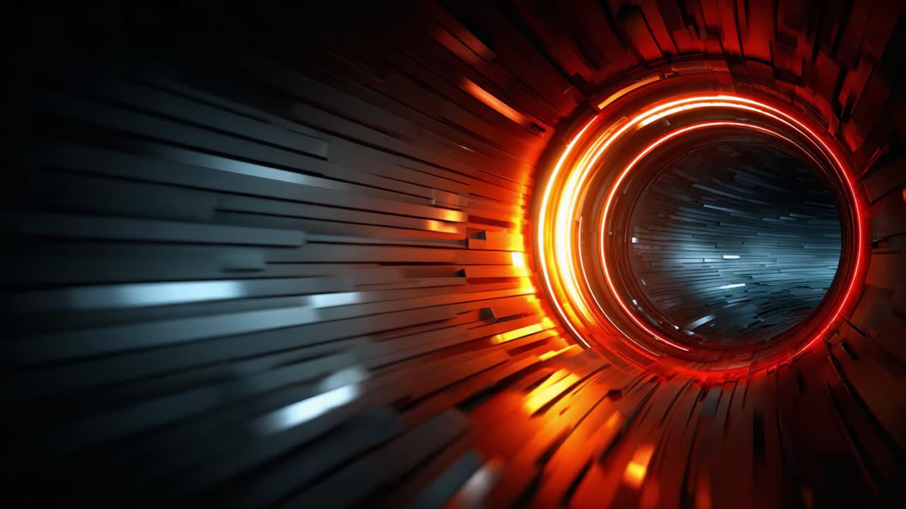 Dynamic Visual Representation of a Hypothetical Space Tunnel with Radiating Light Effects and Abstract Structural Elements Enhancing Depth Perception and Movement