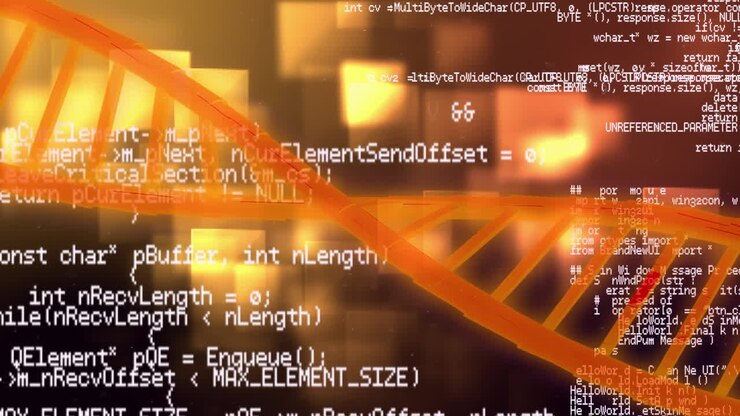 Animatie van een DNA-streng, medische gegevensverwerking op een oranje gloeiende achtergrond