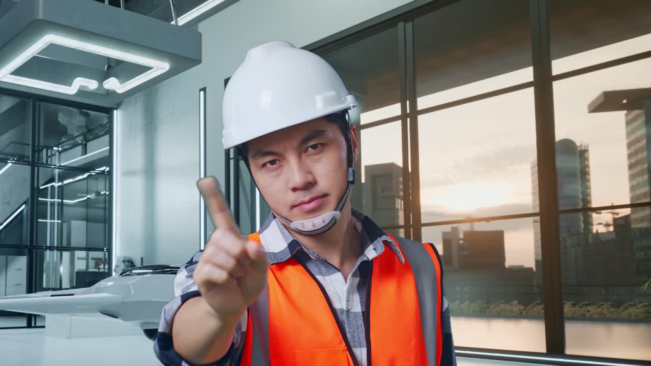 안전 헬을 입은 아시아 남성 엔지니어가 무인기 프로젝트에 서 있는 동안 지표손가락 표시 없이 불쾌감을 표하고 있습니다.