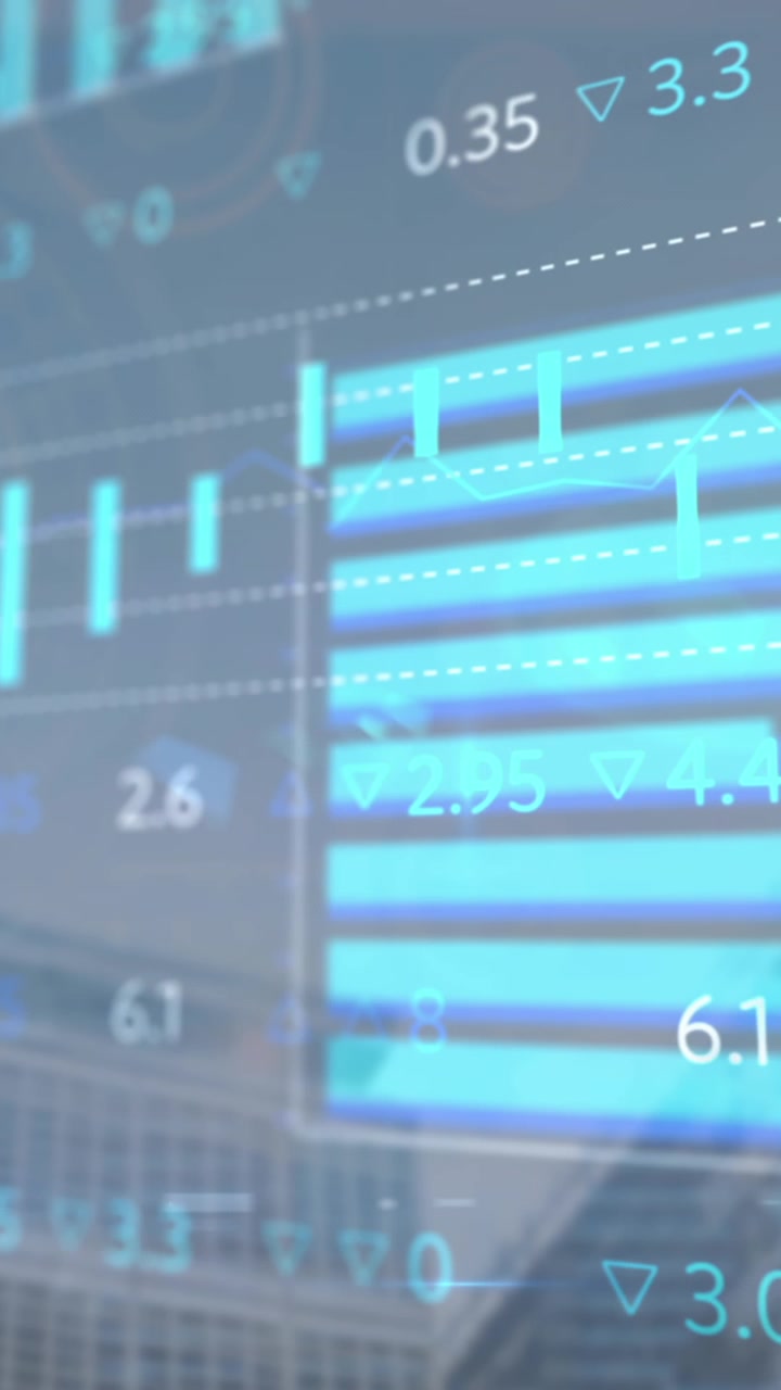 Animation of financial data processing over cityscape