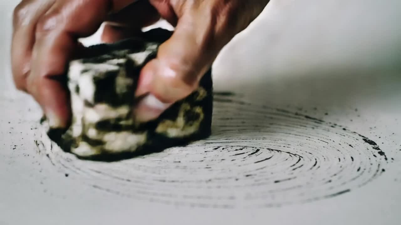 Placing porous block, hands pressing and rotating on white sheet, creating dark pigment rings