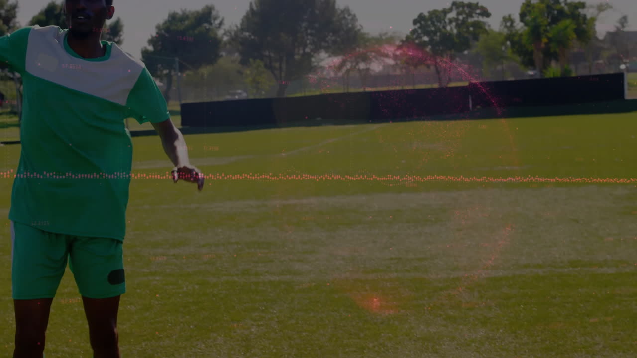 male soccer player running and heading soccer ball over grass, showcasing animated sports analytics
