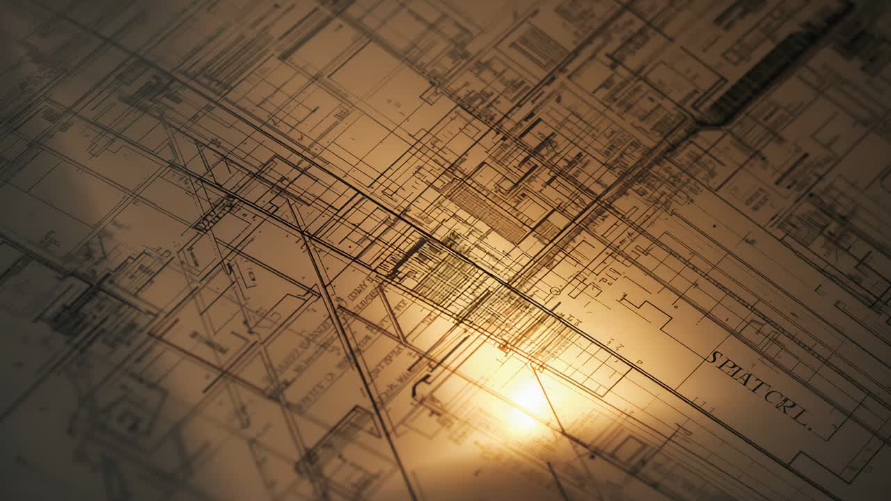 Shifting camera angle responding to warm lamp flare, revealing dense blueprint linework in workshop