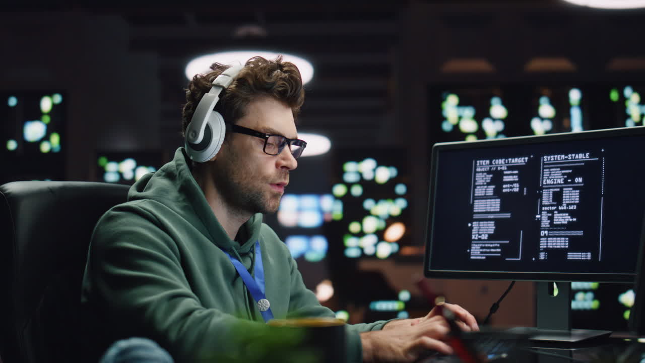 programmatore ascolto cuffie lavoro computer desktop data center closeup