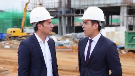 two engineers in suits and white helmets talking at a building construction site.
