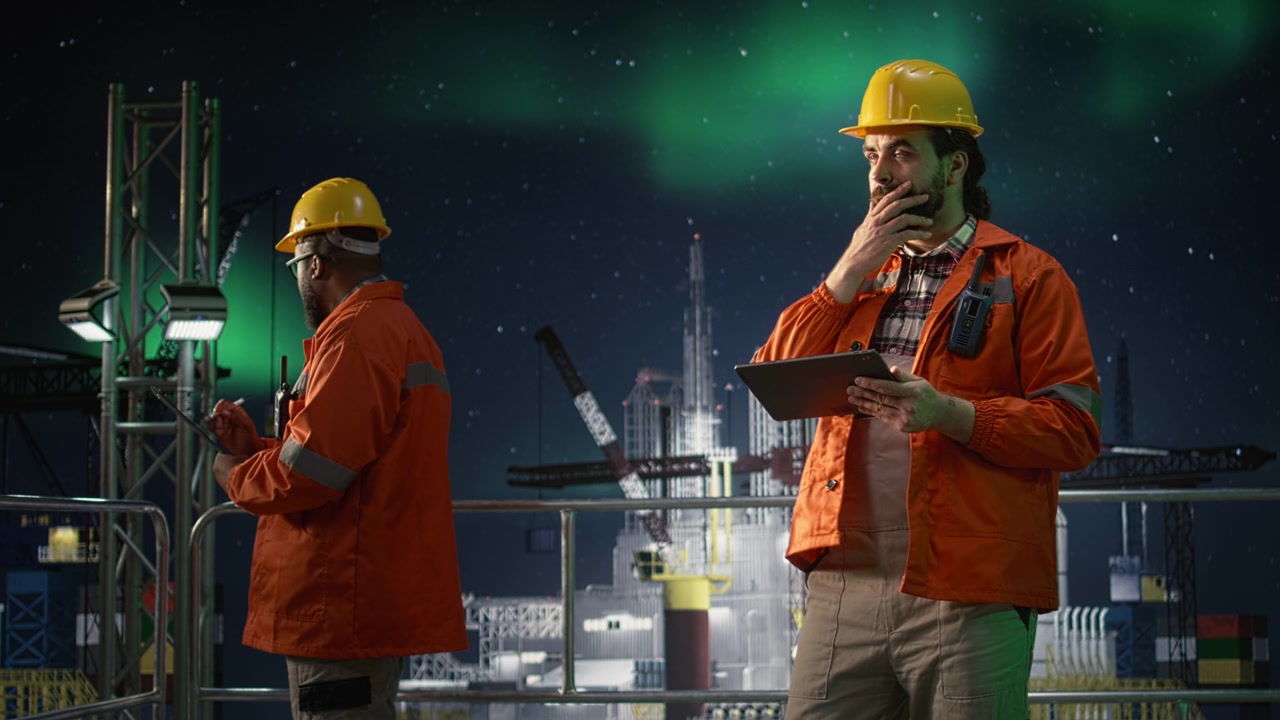 Installationschef for offshore-rig gennemgår maritim sikkerhedshændelse med tablet.
