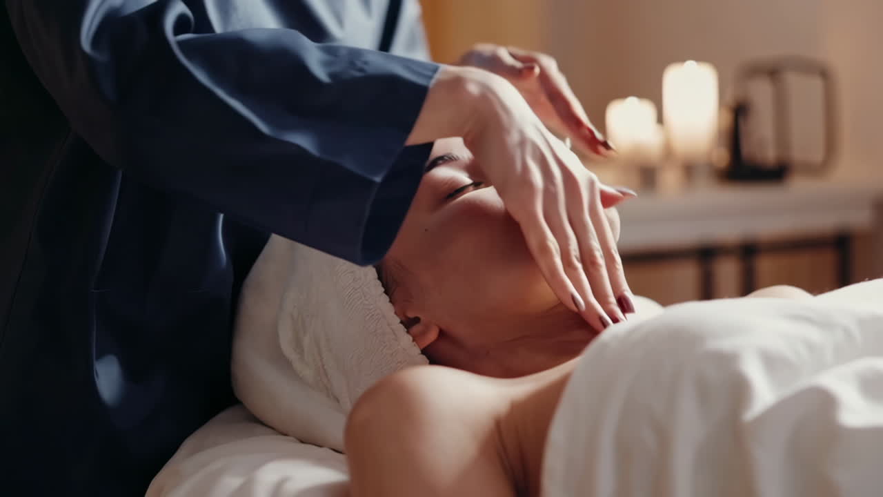 스파 에서 얼굴 마사지 를 받는 여자