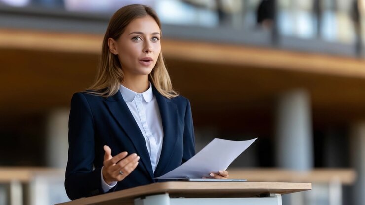 Giovane donna sicura di sé che presenta in una location moderna, dimostrando compostezza e professionalità mentre coinvolge il suo pubblico con efficaci capacità di comunicazione